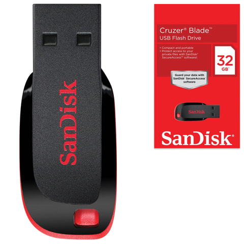 Флеш-диск 32 GB, SANDISK Cruzer Blade, USB 2.0, черный/красный, SDCZ50-032G-B35