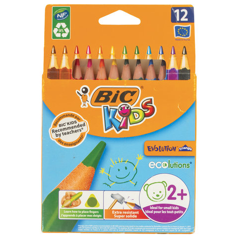 Карандаши цветные утолщенные BIC "Kids Evolution Triangle", 12 цветов, пластиковые, трехгранные, картонная упаковка, 8297356