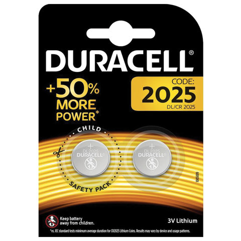 Батарейки DURACELL Lithium, CR2025, литиевые, КОМПЛЕКТ 2 шт., блистер