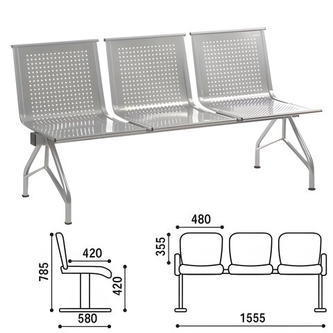 Кресло для посетителей трехсекционное "Стилл", 785х1555х580 мм, серебристое, СМ86/2-03
